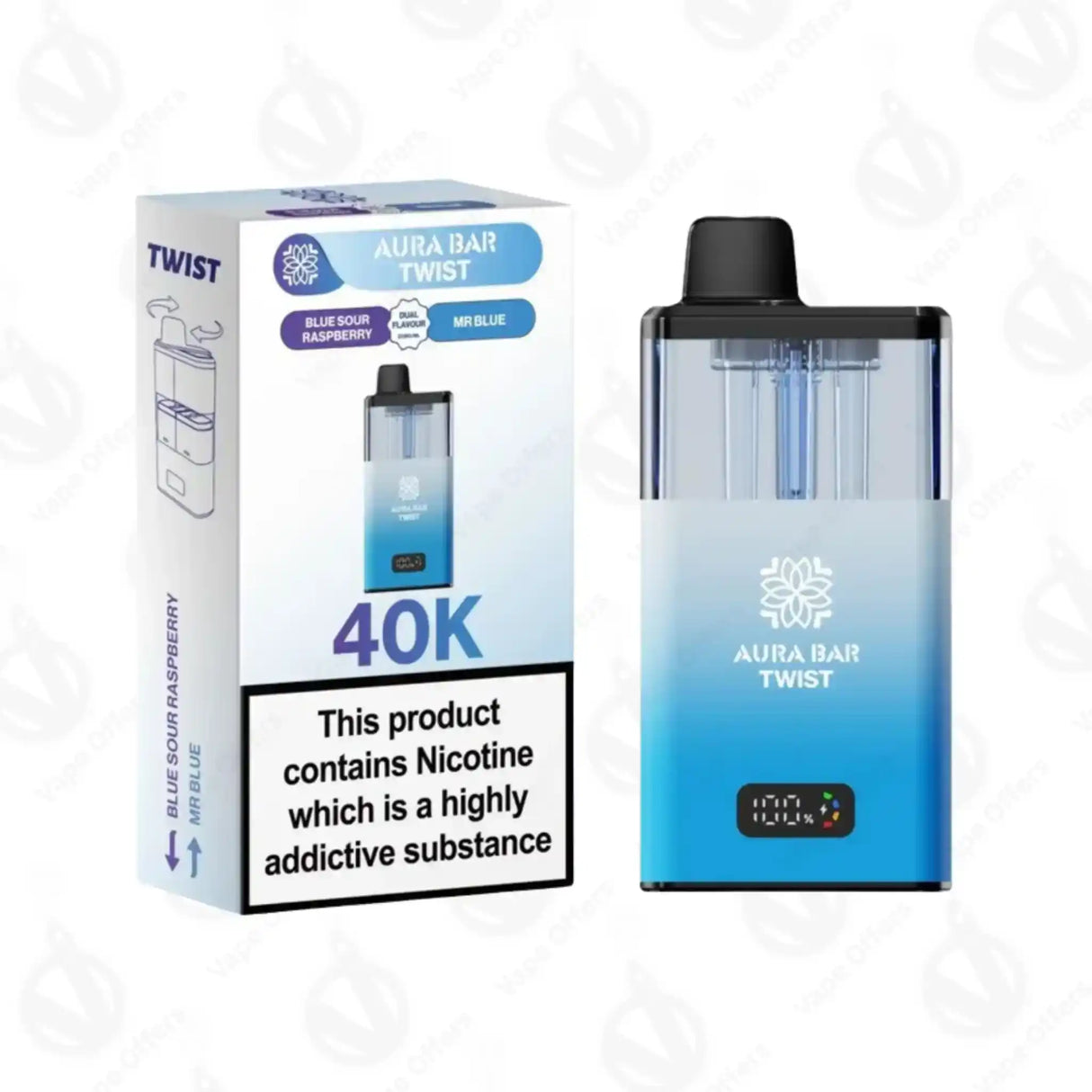 Aura Bar Twist 40K Puffs Blue Sour Raspberry and Mr Blue Prefilled Vape Kit