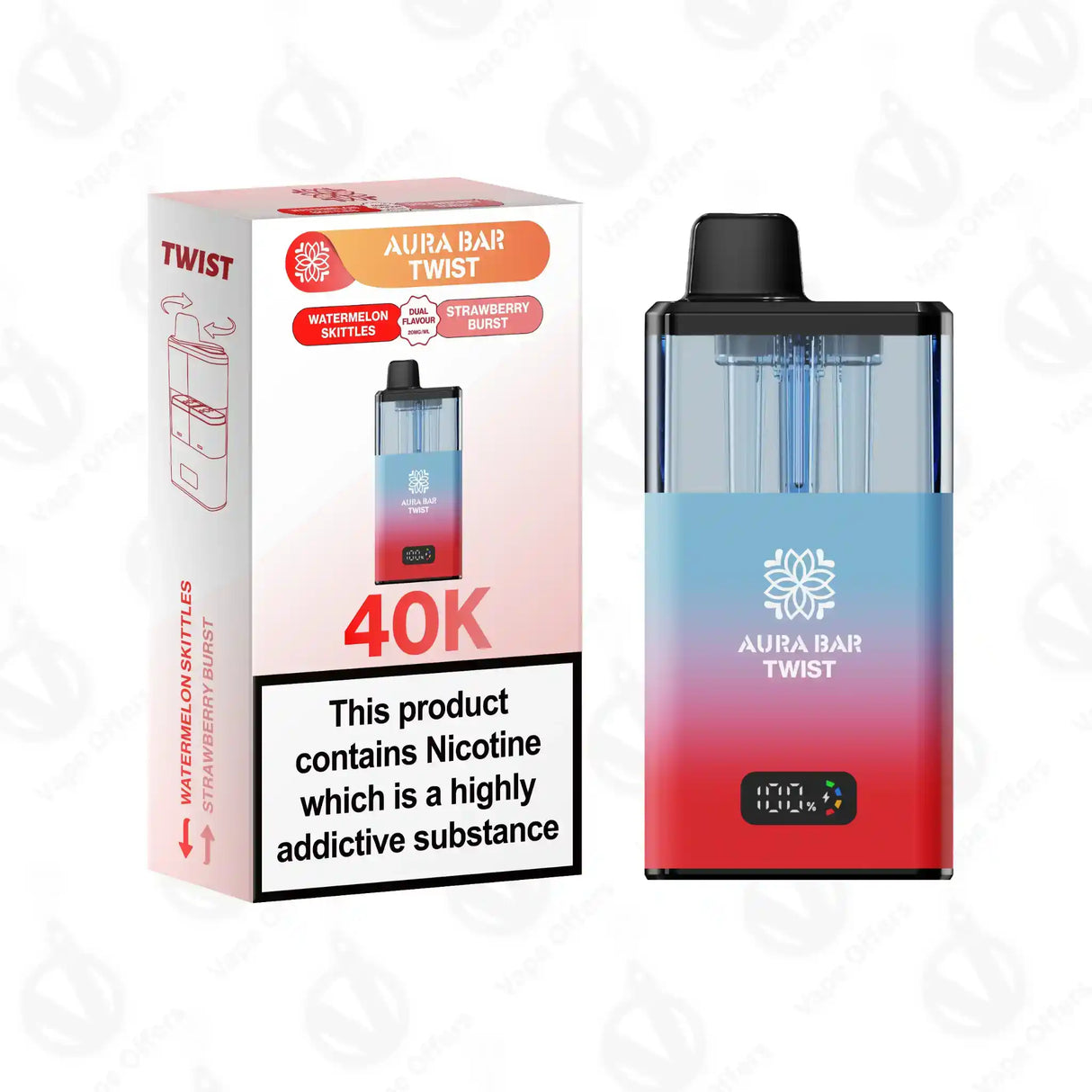 Aura Bar Twist 40K Puffs Watermelon Sklez and Strawberry Burst Prefilled Vape Kit