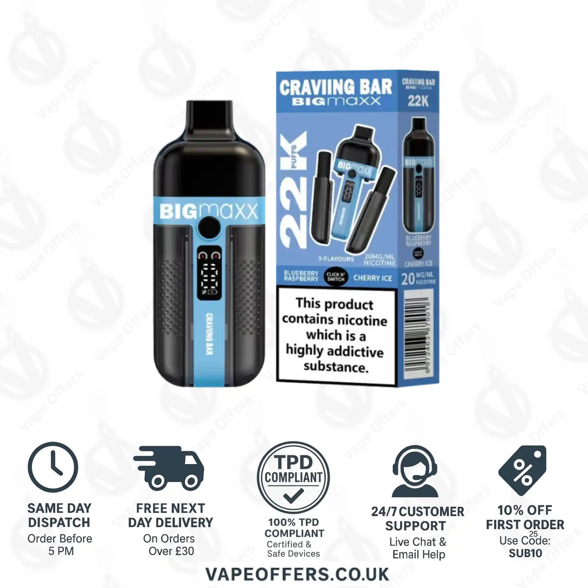 Craving Bar Big Maxx 22k Prefilled Vape kit Blueberry Raspberry and Cherry Ice