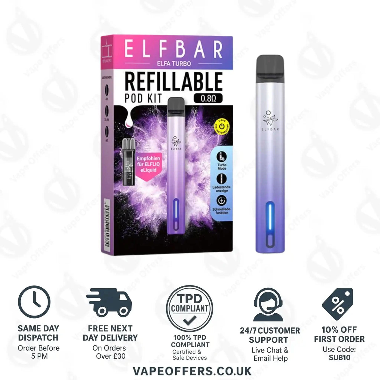 Elfa Turbo Refillable Vape Pod Kit Aurora Purple