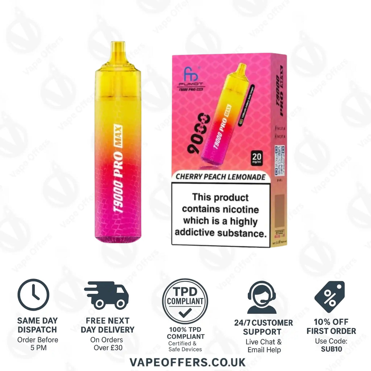 Fumot RandM T9000 Pro Max 9k Prefilled Pod Vape Kit Cherry Peach Lemonade