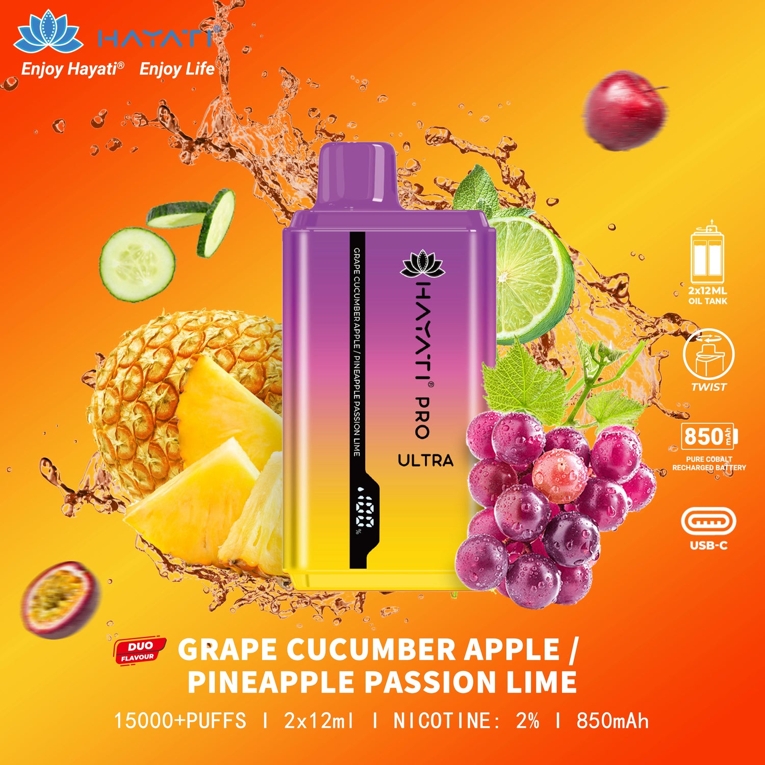 Grape Cucumber Apple / Pineapple Passion Lime - Hayati Pro Ultra 15000 Puffs