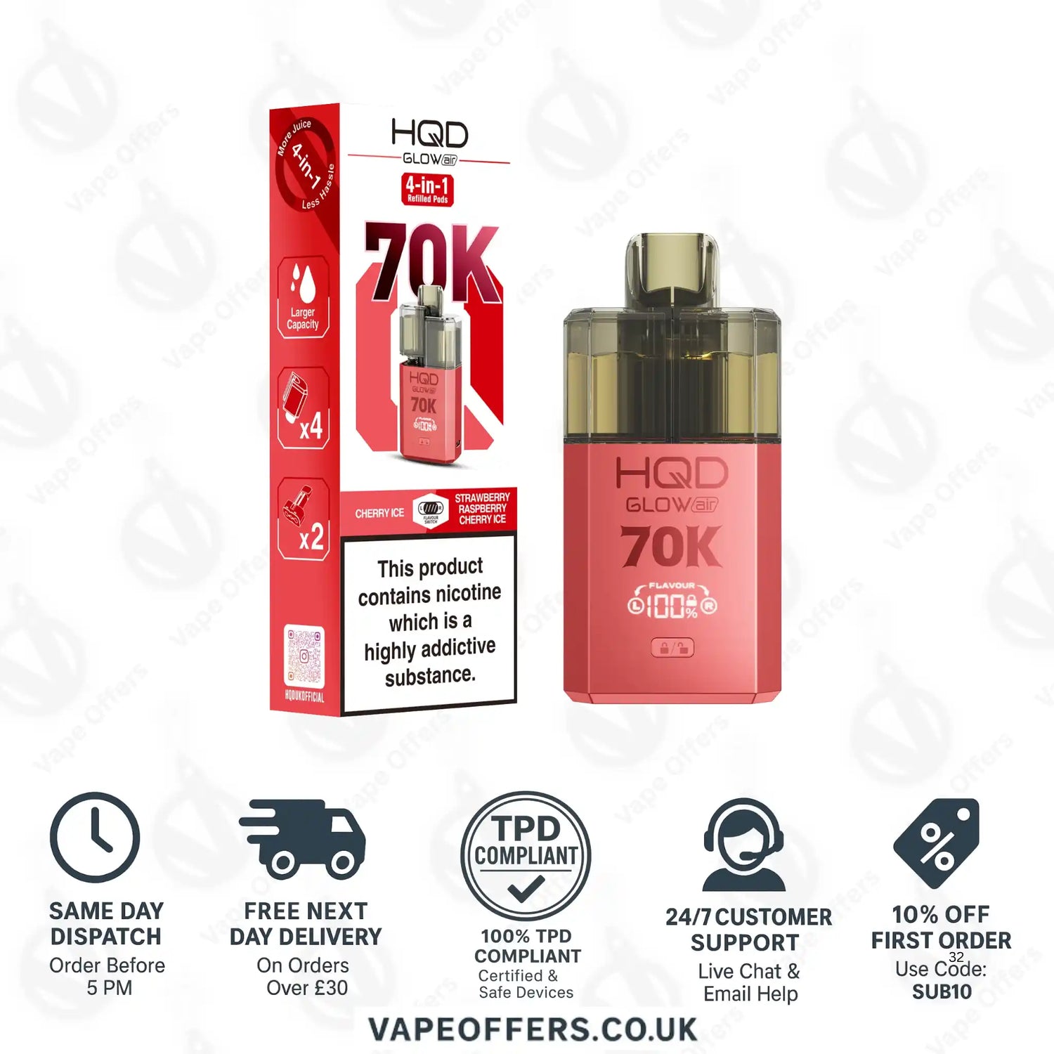 HQD Glow Air 70K Prefilled Pod Kit Cherry Ice and Strawberry Raspberry Cherry Ice
