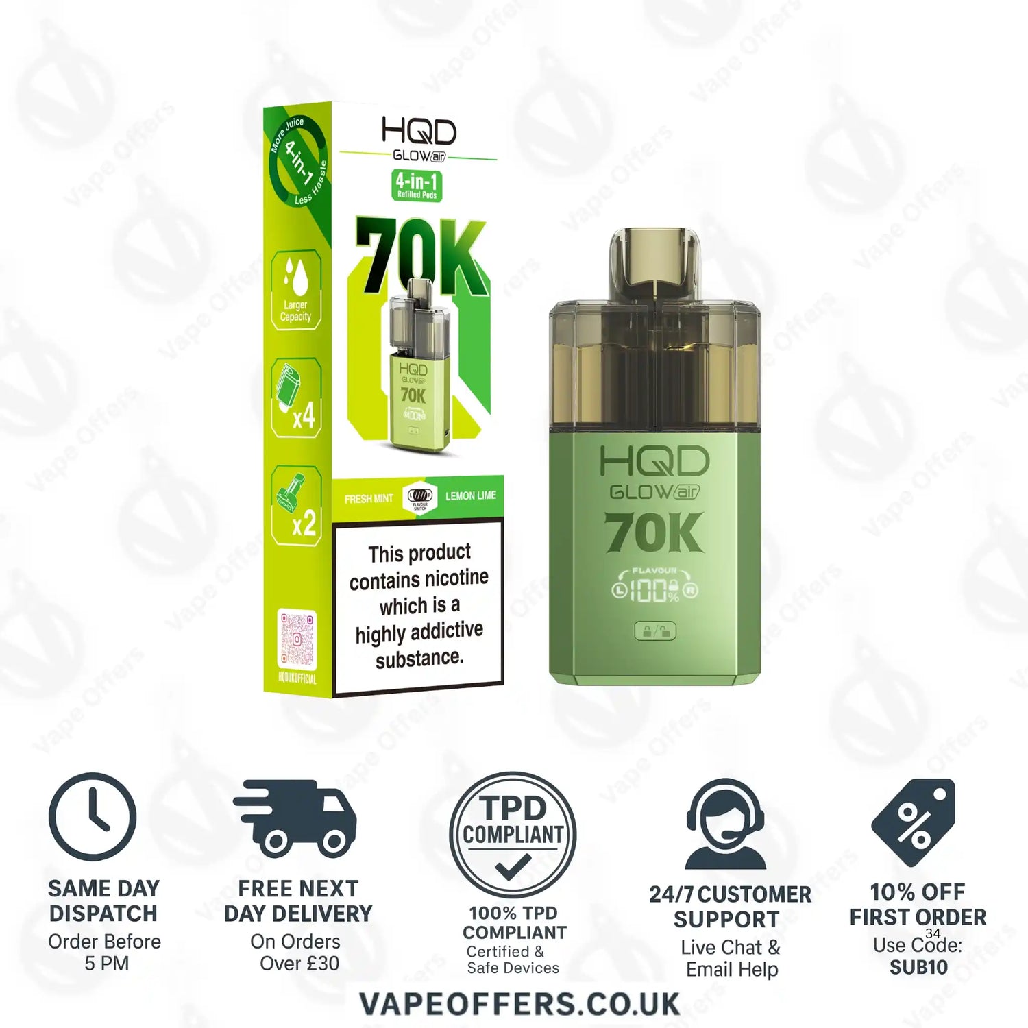 HQD Glow Air 70K Prefilled Pod Kit Fresh Mint and Lemon Lime
