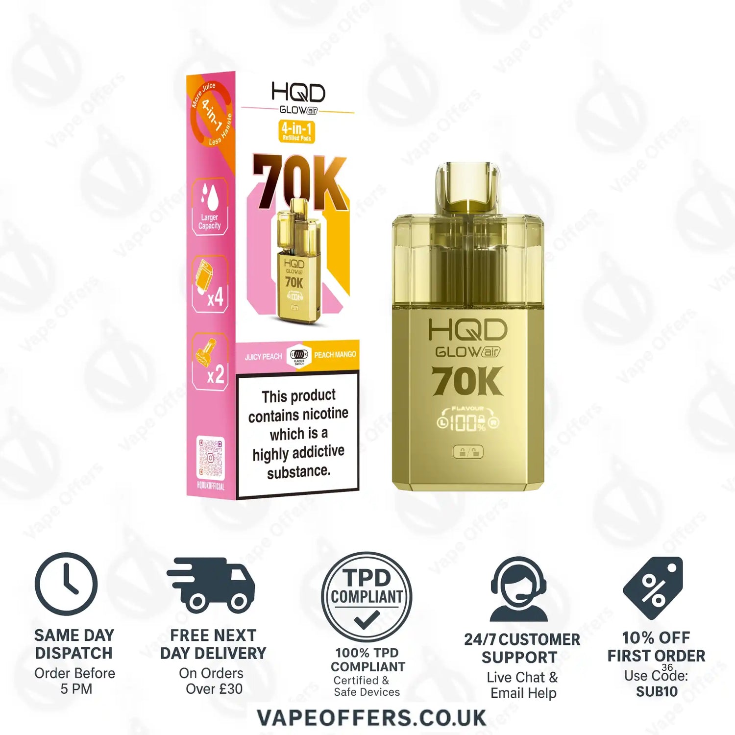 HQD Glow Air 70K Prefilled Pod Kit Juicy Peach and Peach Mango