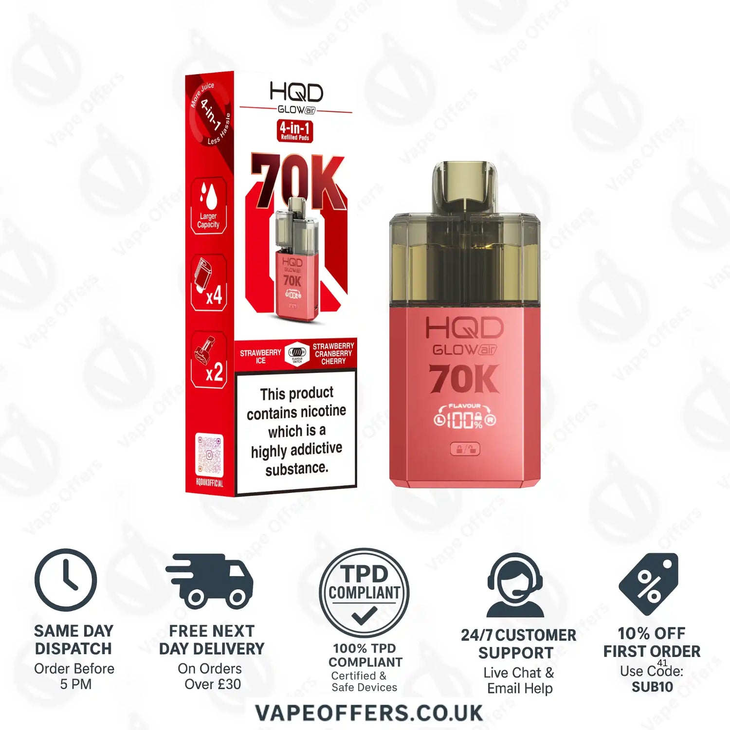 HQD Glow Air 70K Prefilled Pod Kit Strawberry Ice and Strawberry Cranberry Cherry