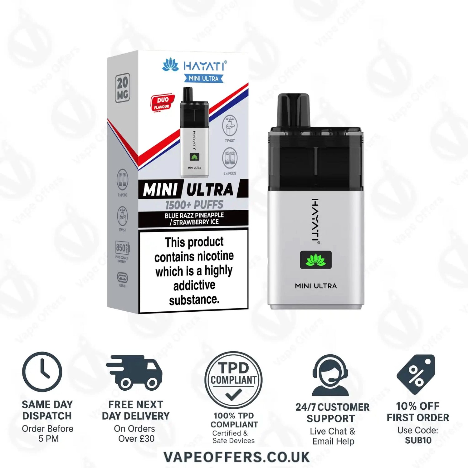 Hayati Mini Ultra 1500 Puffs Vape Kit Blue Razz Pineapple and Strawberry Ice