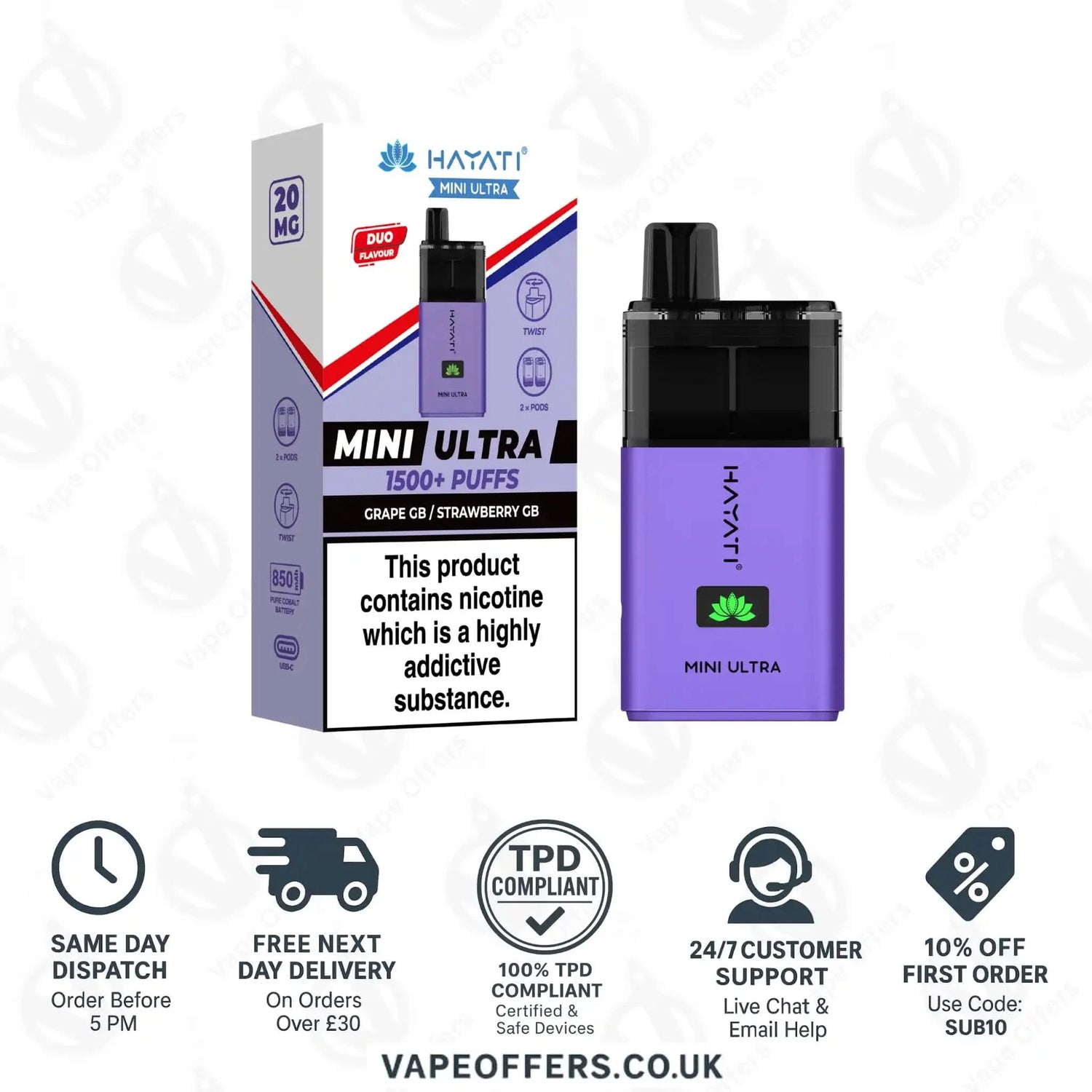 Hayati Mini Ultra 1500 Puffs Vape Kit Grape GB and Strawberry GB
