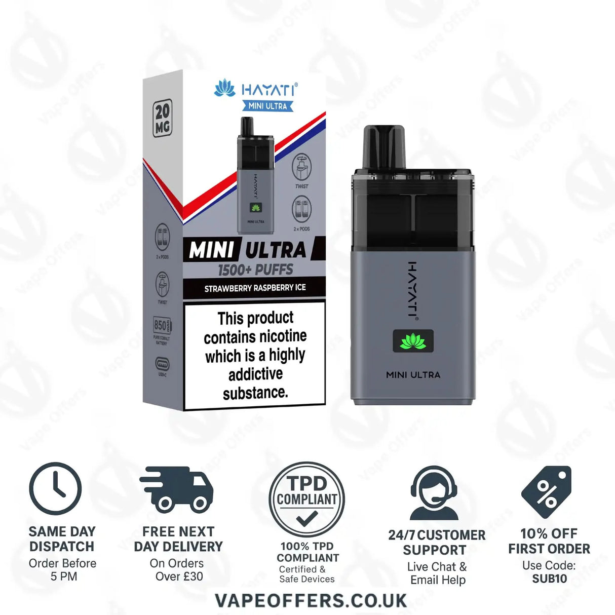Hayati Mini Ultra 1500 Puffs Vape Kit Strawberry and Raspberry Ice