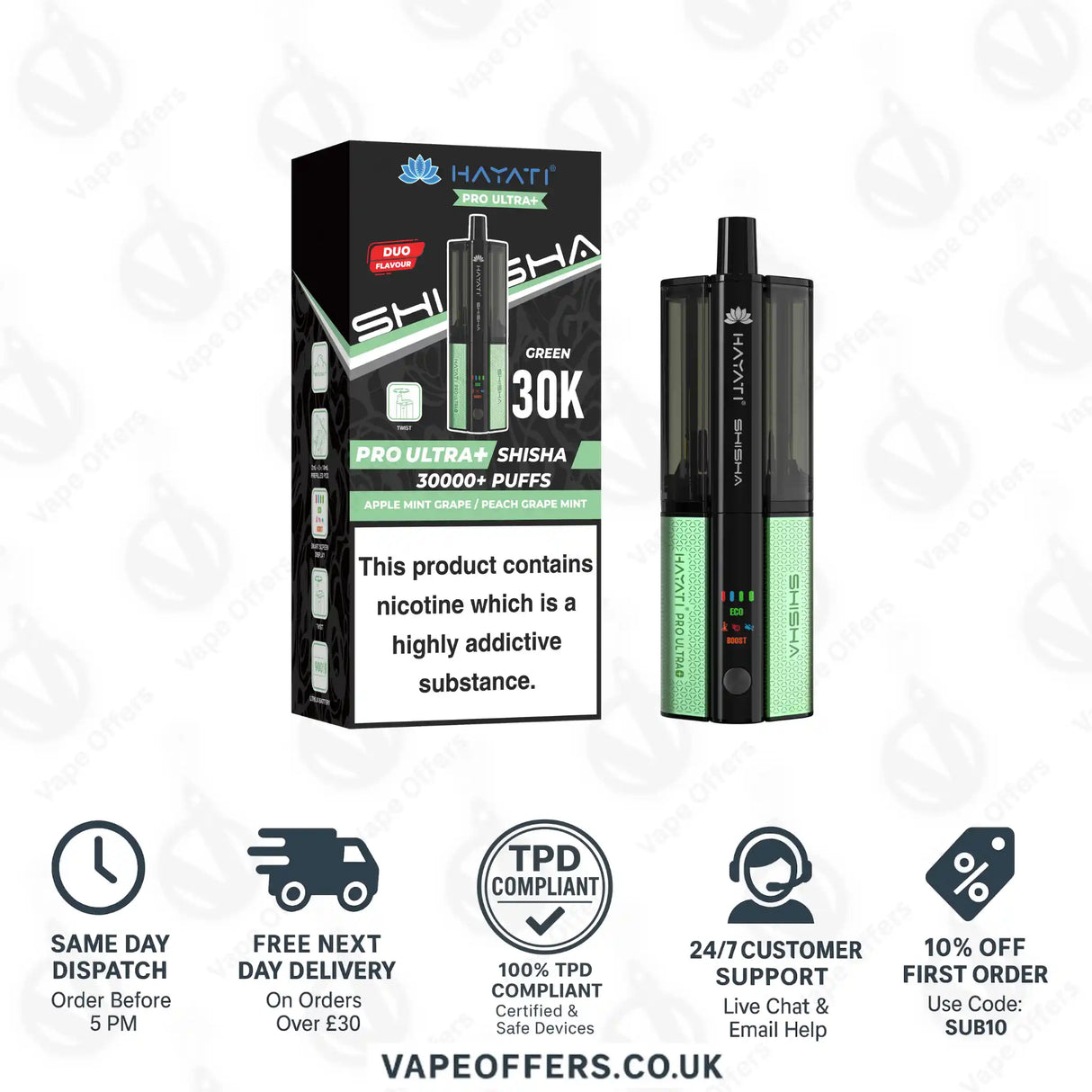 Hayati Pro Ultra Plus Shisha 30K Apple Mint Grape and Peach Grape Mint Prefilled Pod Kit