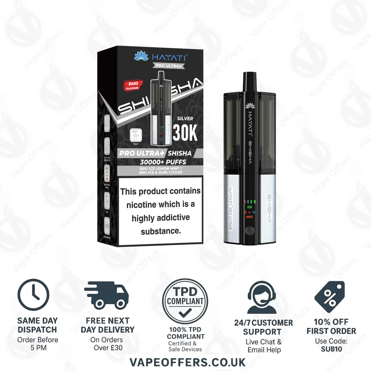 Hayati Pro Ultra Plus Shisha 30K Bru Ice Lemon Mint and Bru Ice & Rubi Lychee Prefilled Pod Kit