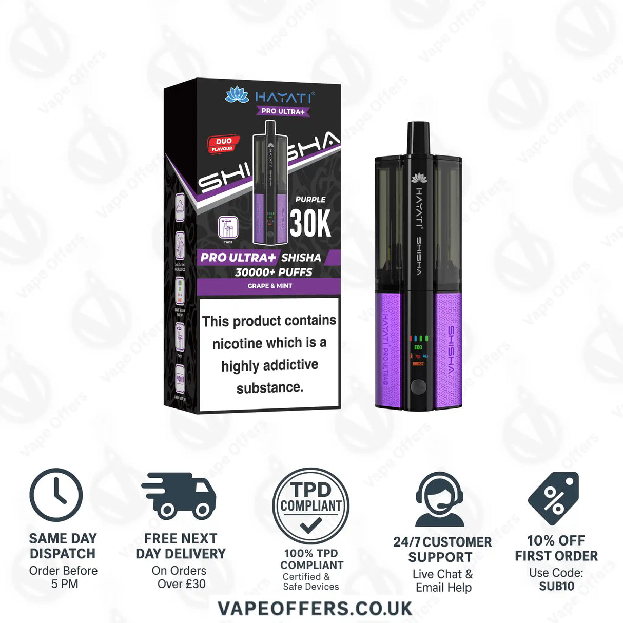 Hayati Pro Ultra Plus Shisha 30K Grape & Mint and Grape & Mint Prefilled Pod Kit