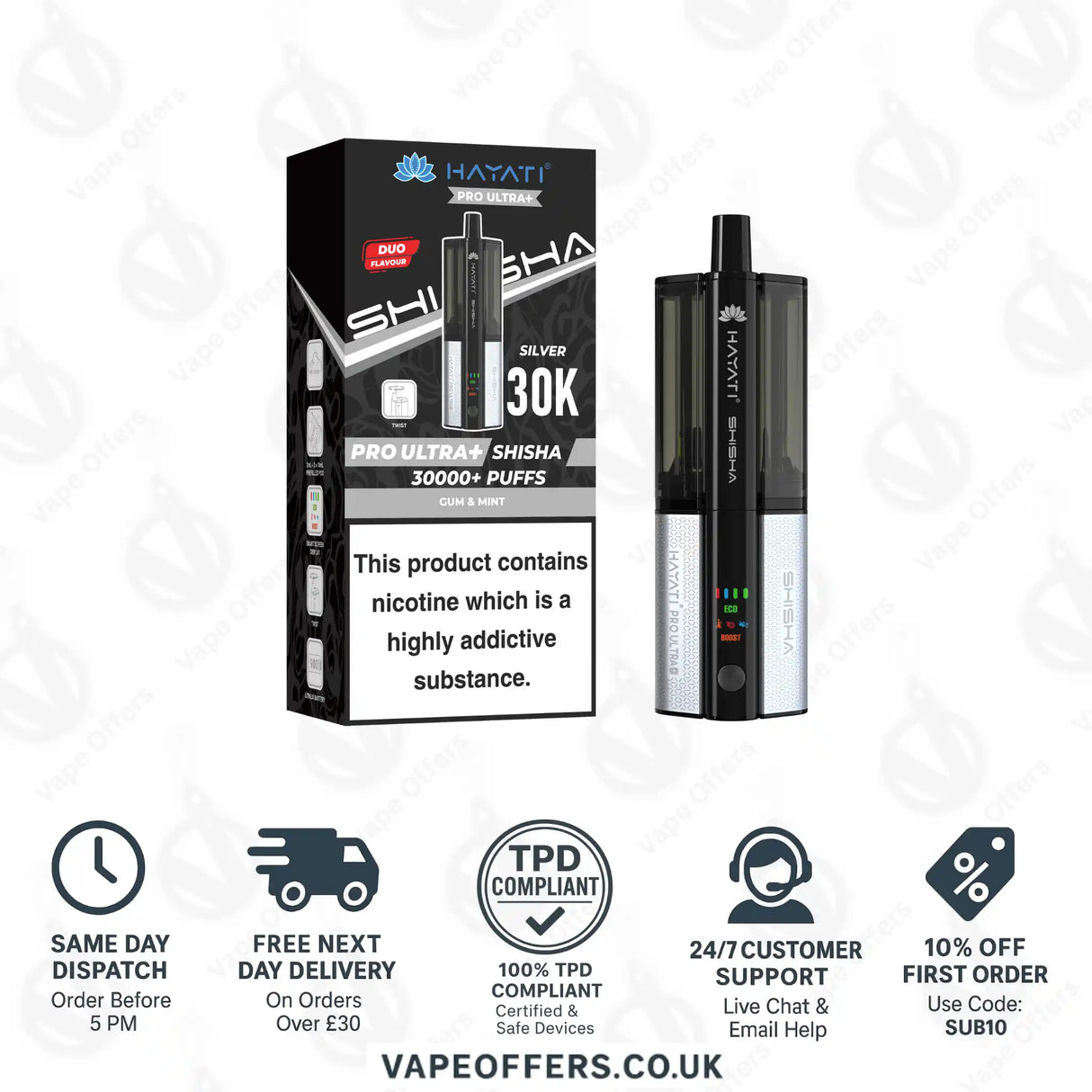 Hayati Pro Ultra Plus Shisha 30K Gum & Mint and Gum & Mint Prefilled Pod Kit