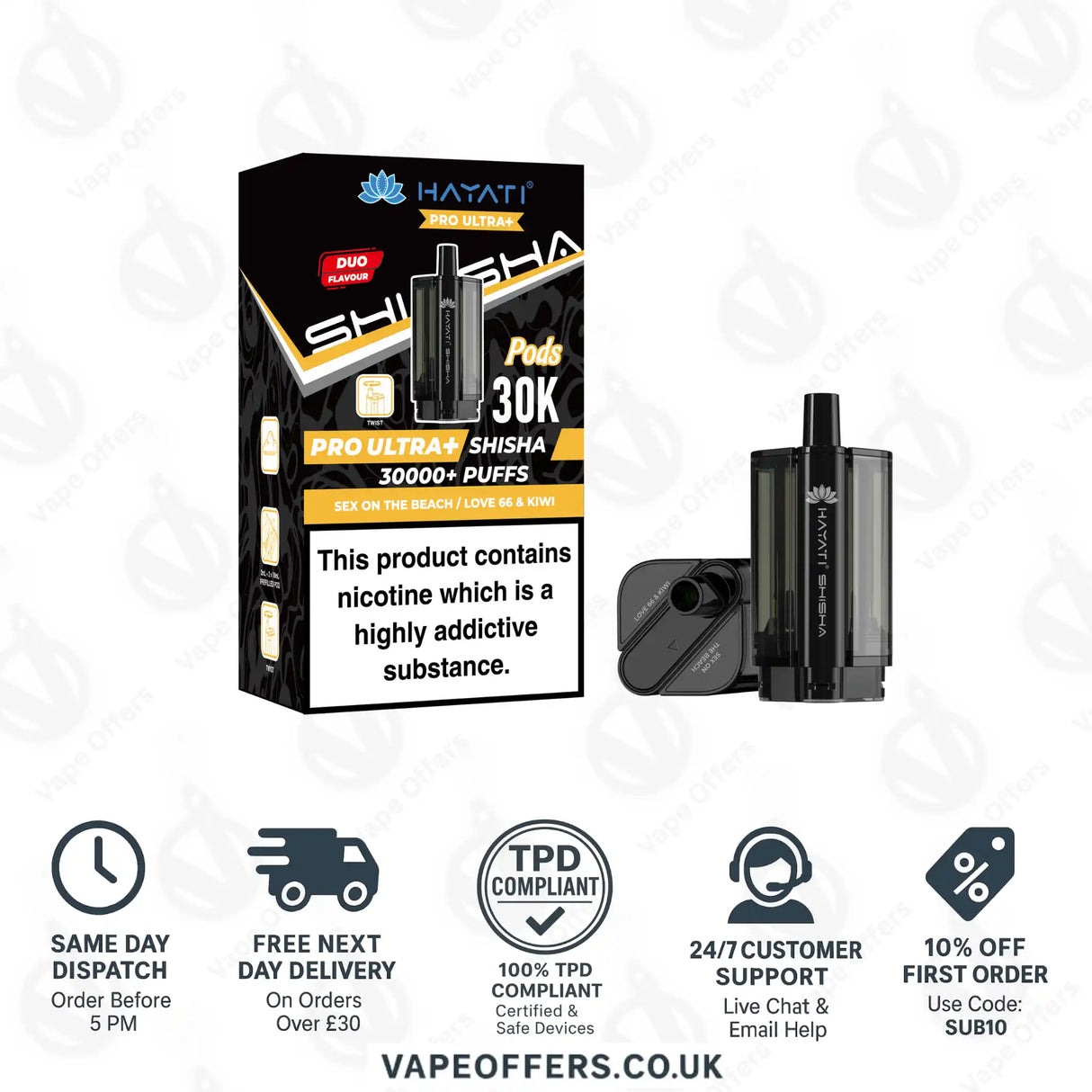 Hayati Pro Ultra Plus Shisha 30K Sex On The Beach Love 66 & Kiwi Prefilled Pod