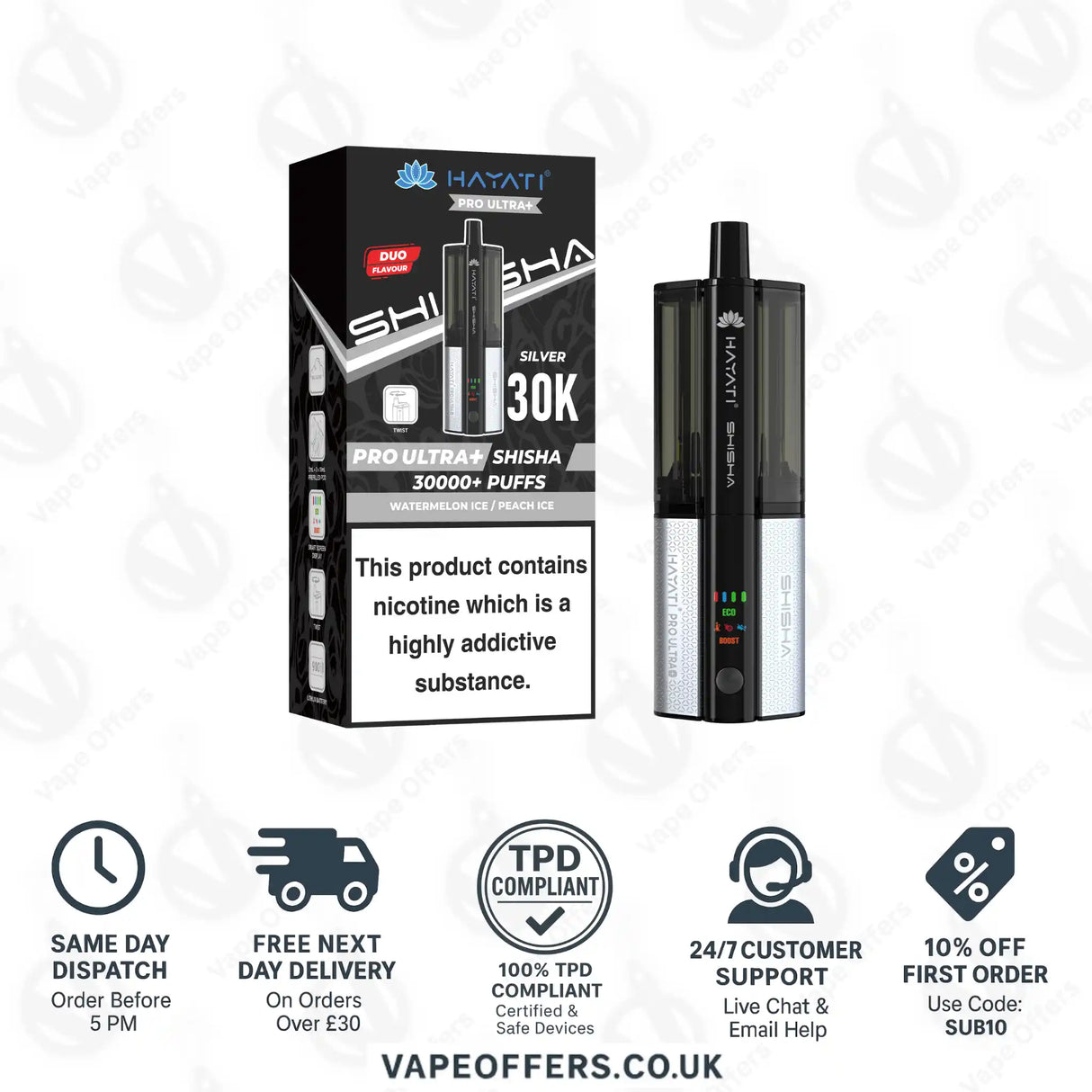 Hayati Pro Ultra Plus Shisha 30K Watermelon Ice and Peach Ice Prefilled Pod Kit