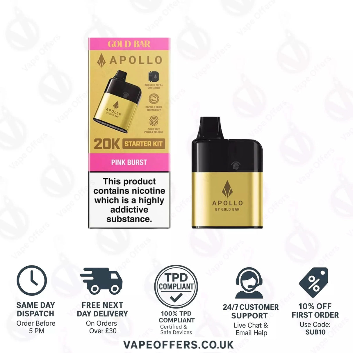 Pink Burst Gold Bar Apollo 20K Puffs Pod Vape Kit