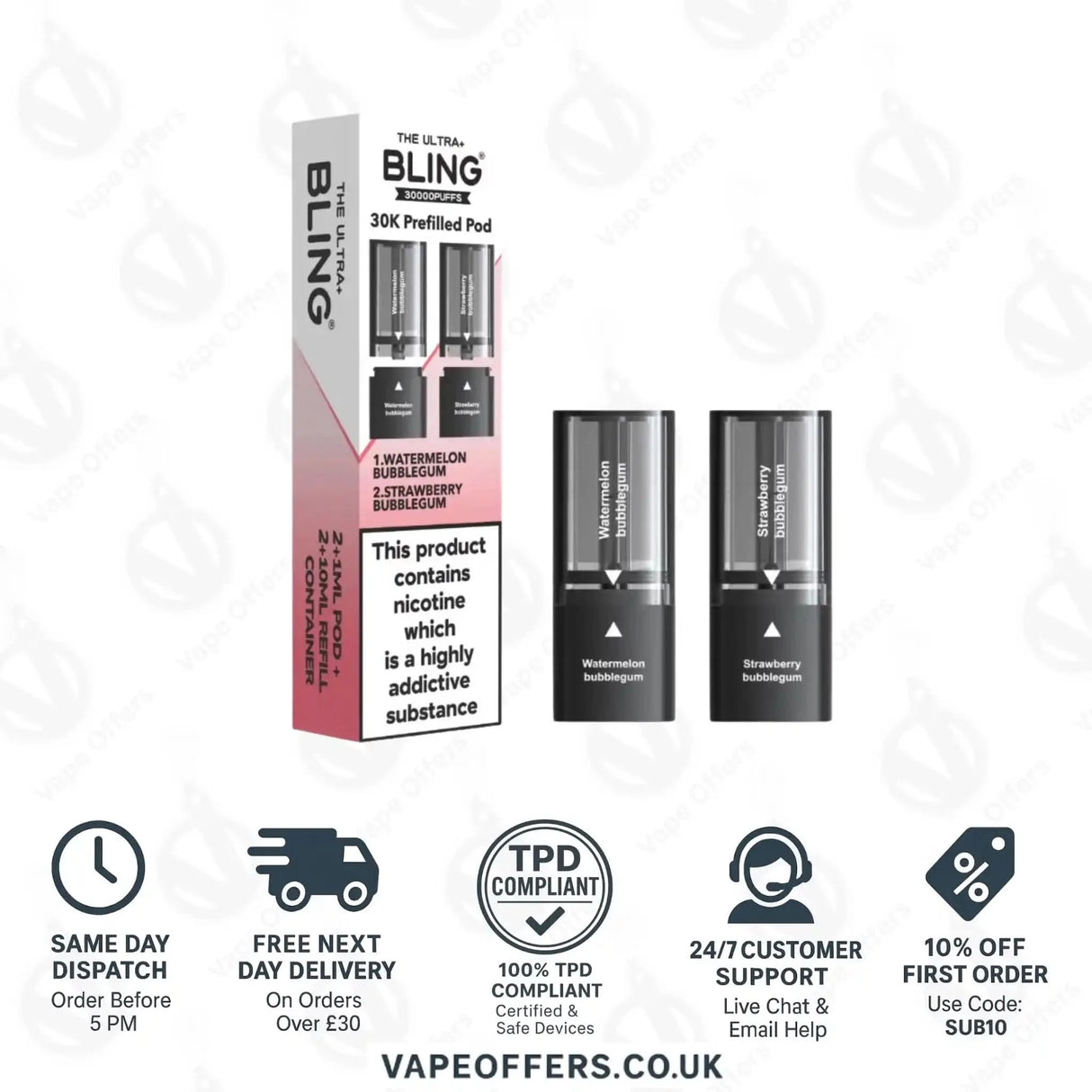 The Crystal Bling Ultra Plus 30k Prefilled Pods Watermelon Bubblegum & Strawberry Bubblegum