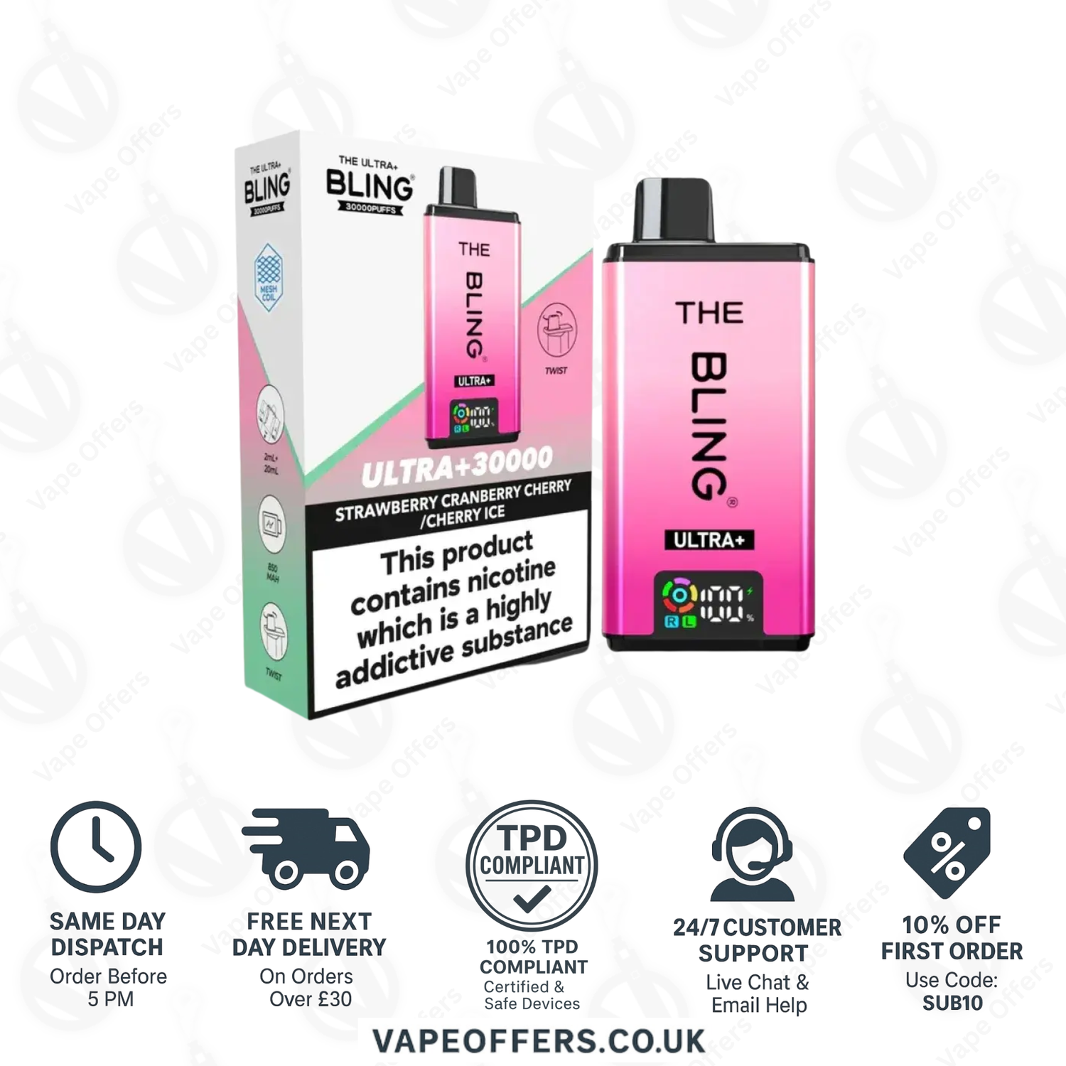 The Crystal Bling Ultra Plus 30k Prefilled Vape Kit Strawberry Cranberry Cherry & Cherry Ice