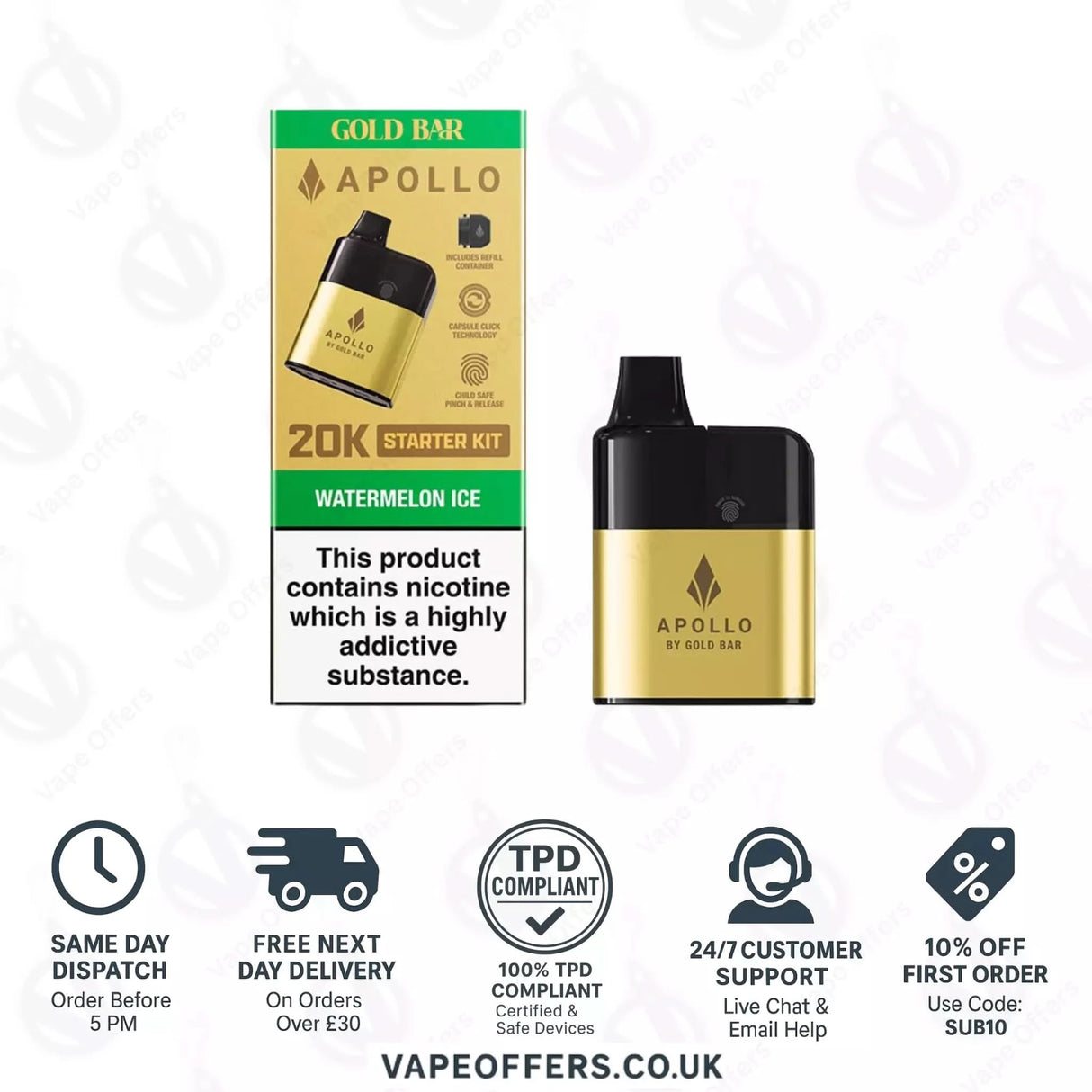 Watermelon Ice Gold Bar Apollo 20K Puffs Pod Vape Kit