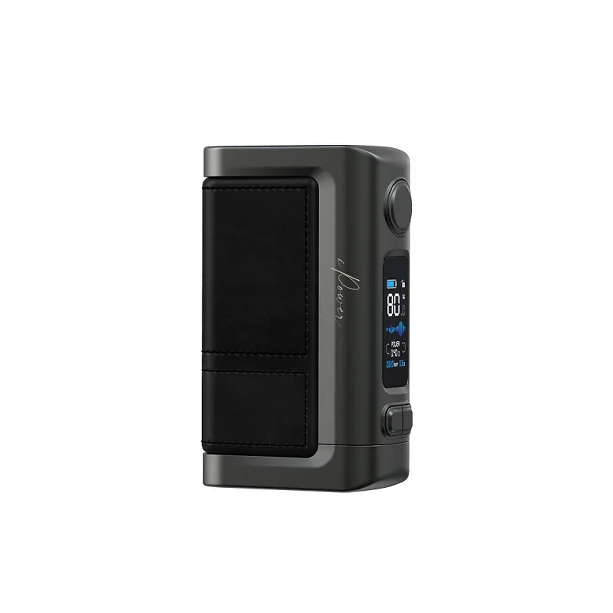 Eleaf iStick Power 2 80W box mod in Black, three-quarter view showing the stitched leather-look side panel, adjustment dial, fire button and lit colour display.