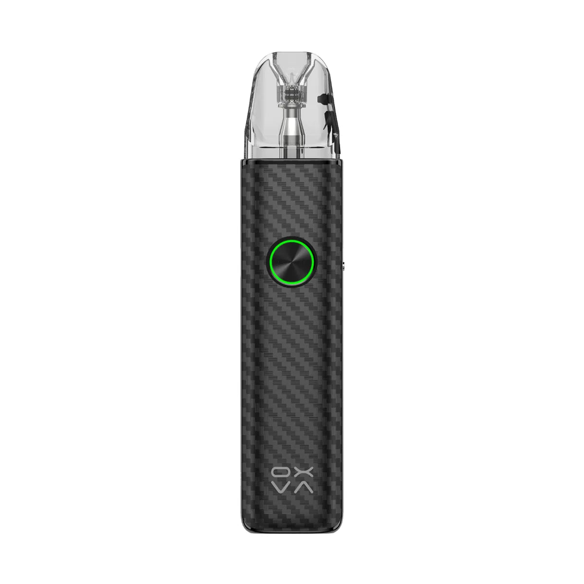 OXVA XLIM 4 pod kit in Black Carbon, front view with ring-light button