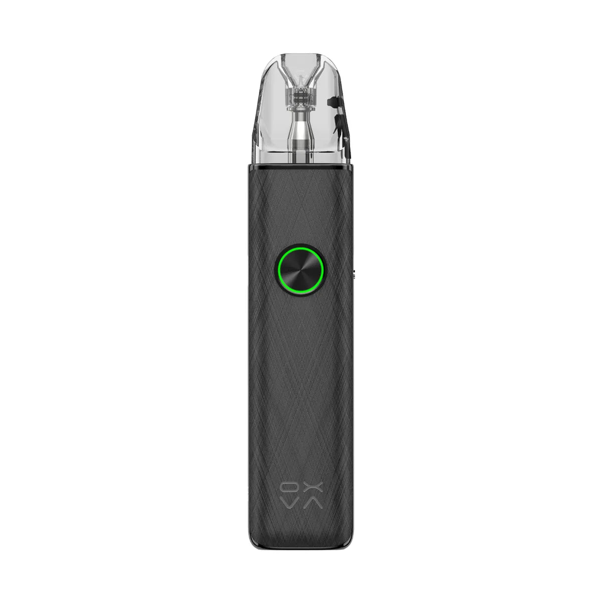 OXVA XLIM 4 pod kit in Silken Black Leather, front view with ring-light button