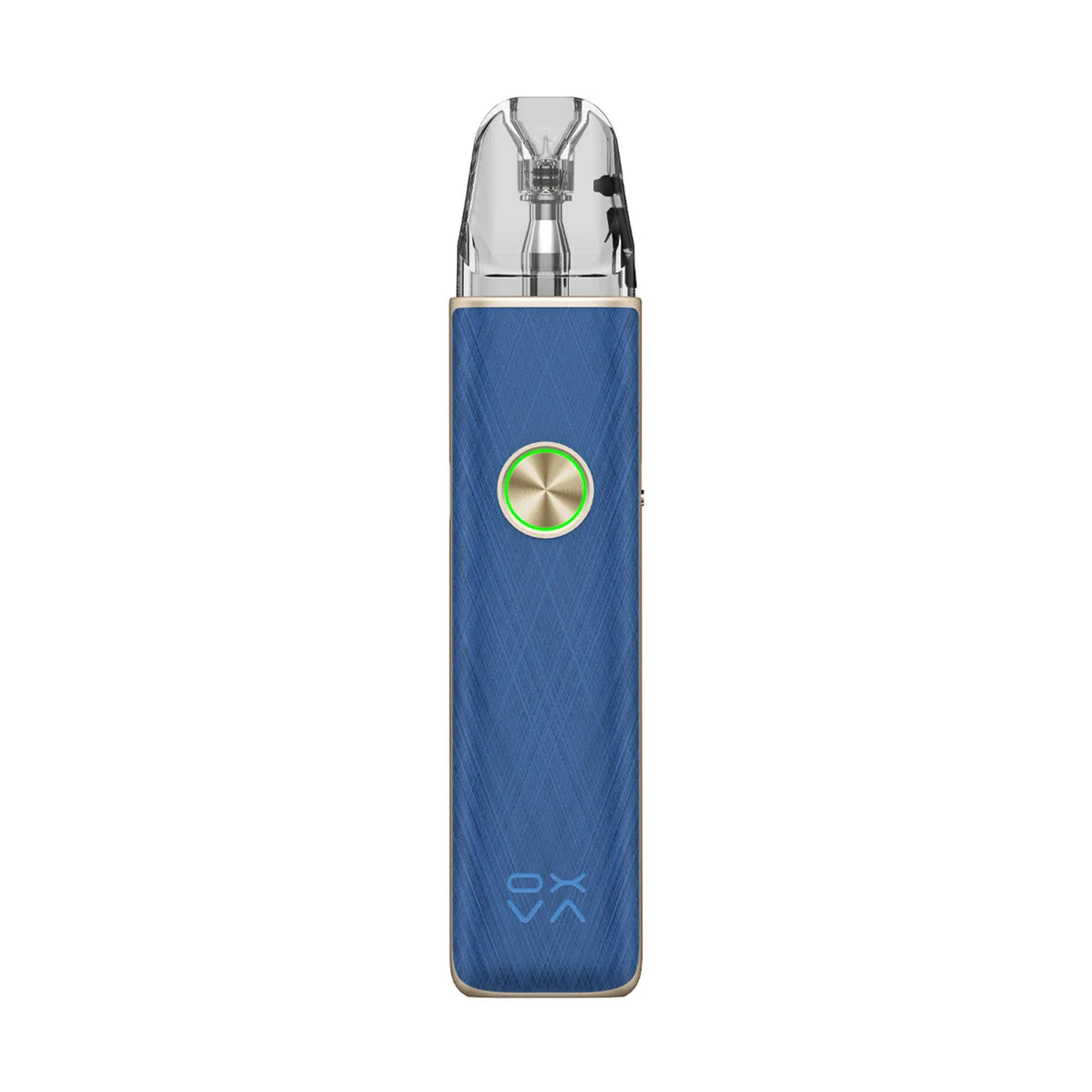 OXVA XLIM 4 pod kit in Silken Blue Leather, front view with ring-light button