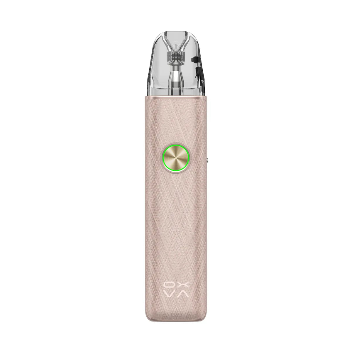 OXVA XLIM 4 pod kit in Silken Champagne Leather, front view with ring-light button