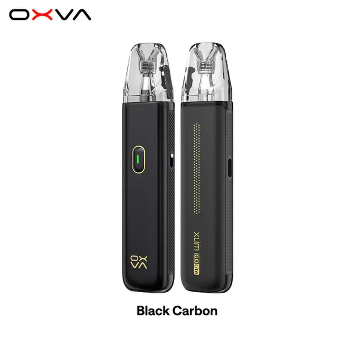 OXVA XLIM Go Lite pod kit in Black Carbon, front and back view