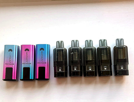 Three Hayati Pro Max Plus 6000 devices and five used replacement pods from Vape Offers' 30-day flavour fade test