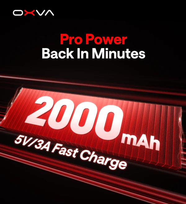 OXVA NeXLIM 2 battery detail showing 2000mAh capacity and 5V/3A charging