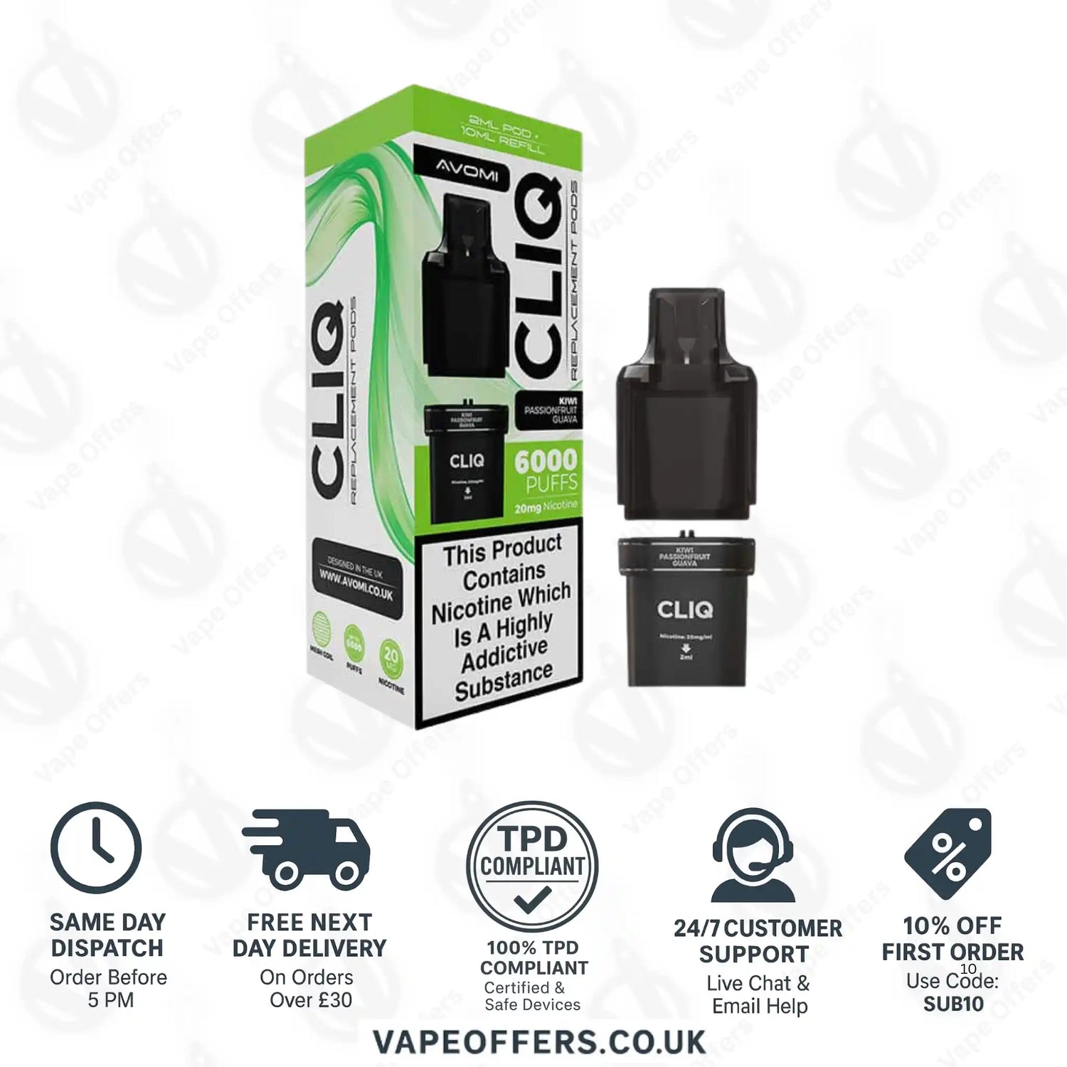 Avomi CLIQ Prefilled Pods + Refill Container Kiwi Passion Fruit Guava 