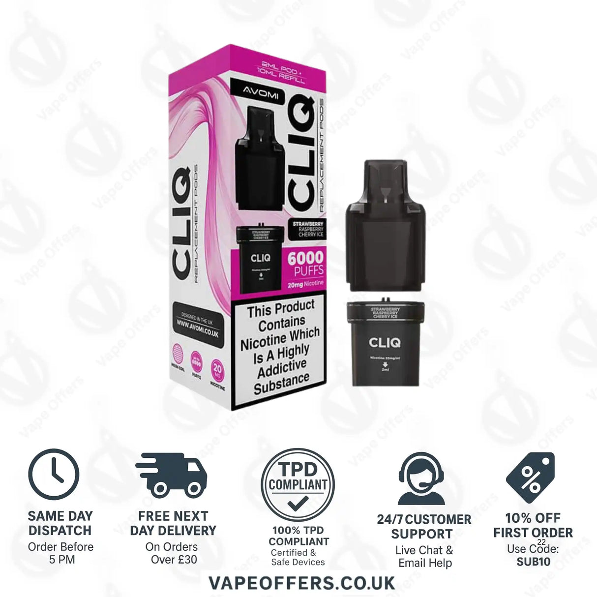 Avomi CLIQ Prefilled Pods + Refill Container Strawberry Raspberry Cherry Ice