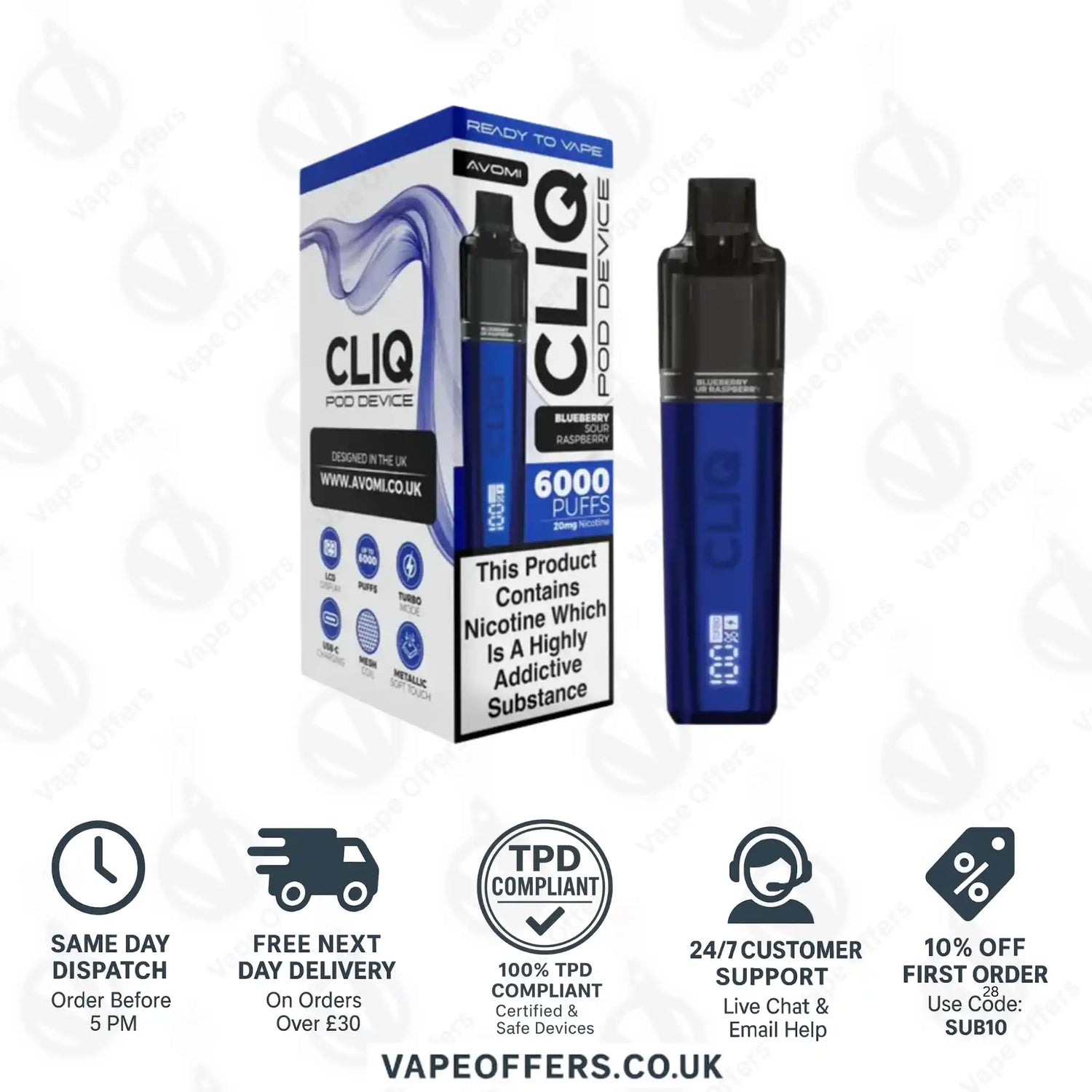 Avomi Cliq 6K Prefilled Pod Vape Kit Blue Sour Raspberry 
