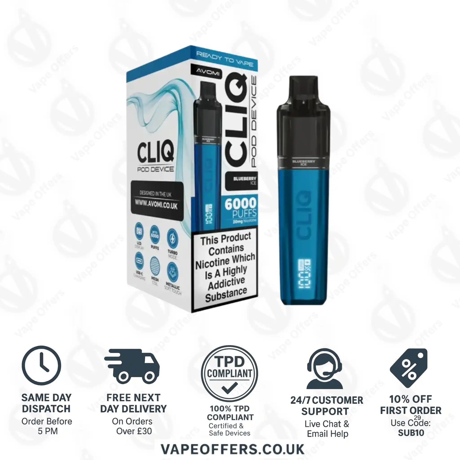 Avomi Cliq 6K Prefilled Pod Vape Kit Blueberry Ice 