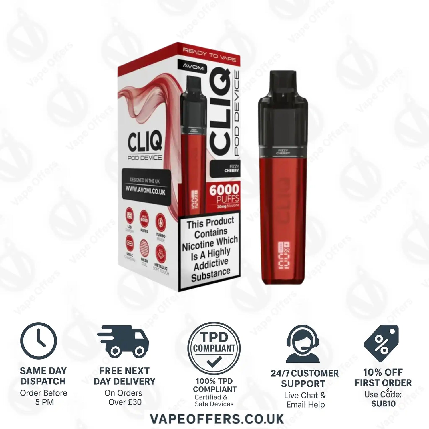 Avomi Cliq 6K Prefilled Pod Vape Kit Fizzy Cherry 