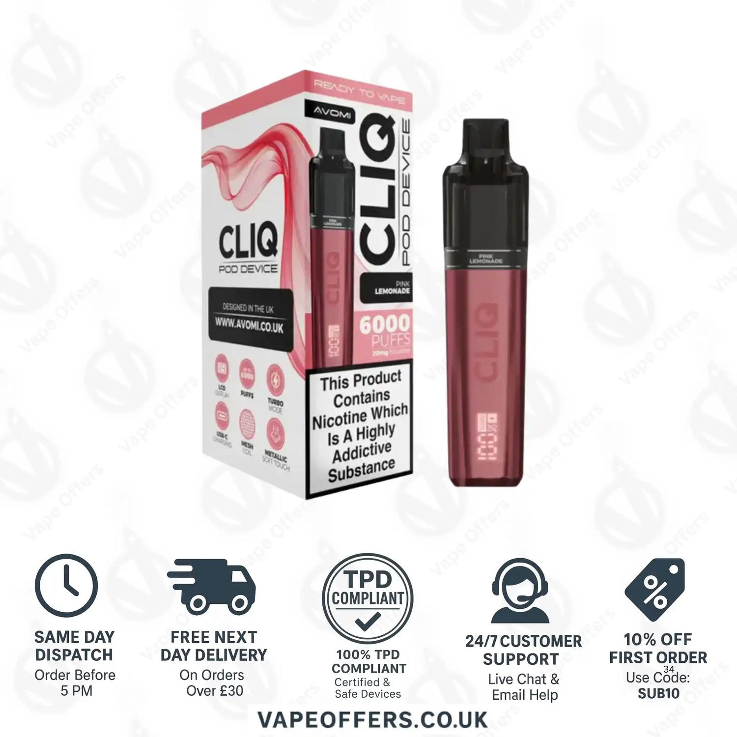 Avomi Cliq 6K Prefilled Pod Vape Kit Pink Lemonade 