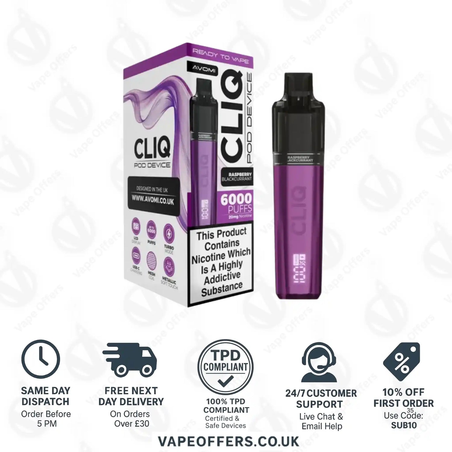 Avomi Cliq 6K Prefilled Pod Vape Kit Raspberry Blackcurrant 