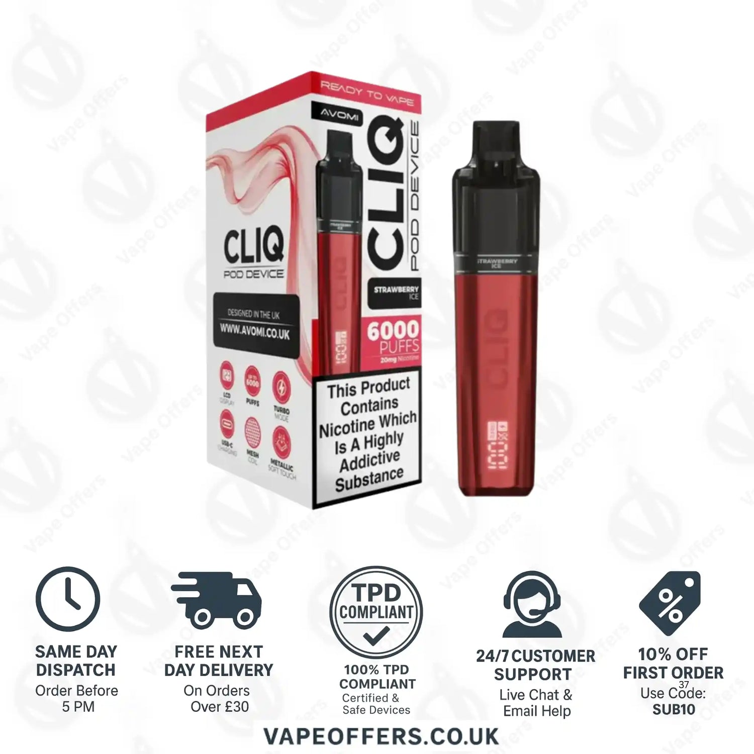 Avomi Cliq 6K Prefilled Pod Vape Kit Strawberry Ice 