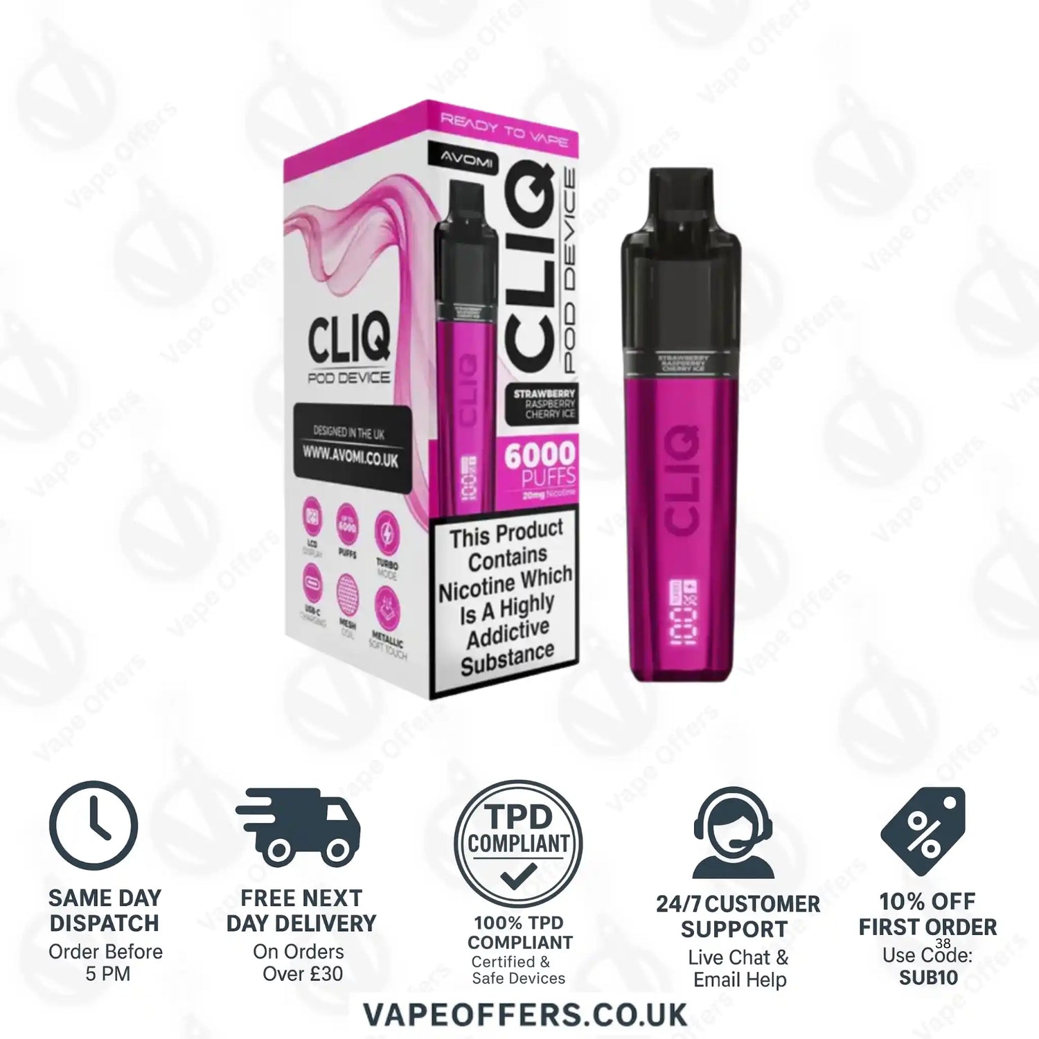 Avomi Cliq 6K Prefilled Pod Vape Kit Strawberry Raspberry Cherry Ice 