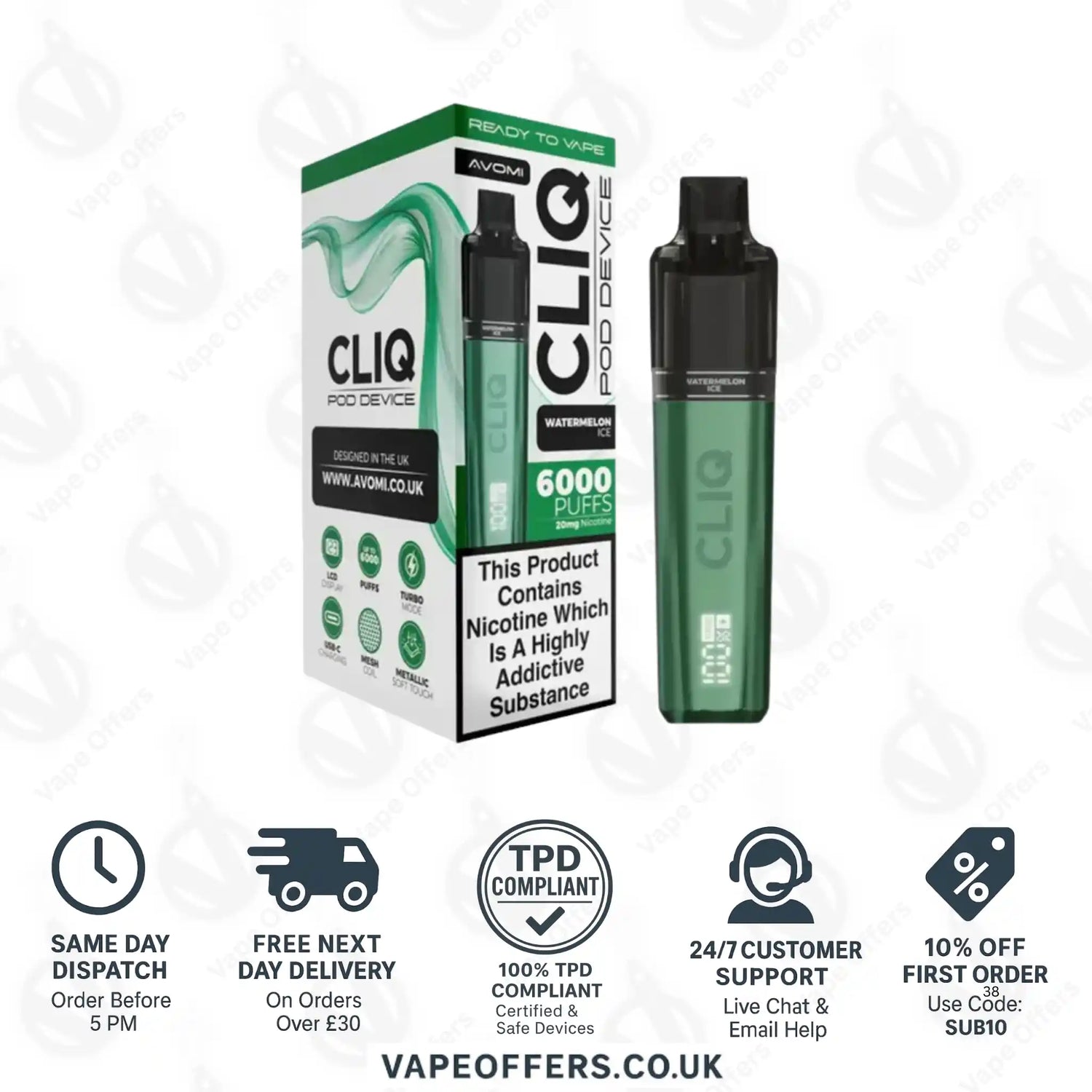 Avomi Cliq 6K Prefilled Pod Vape Kit Watermelon Ice 