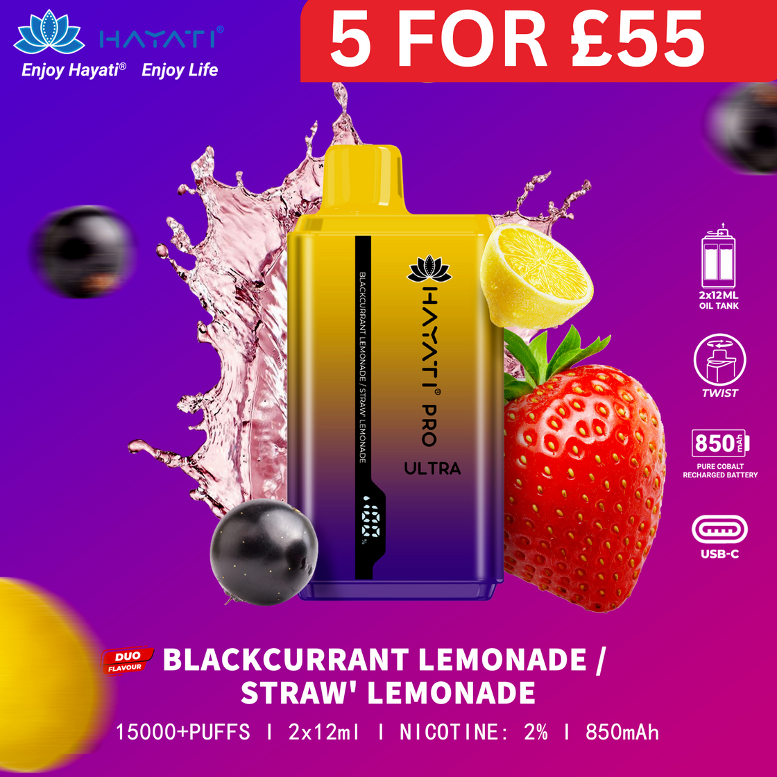 Blackcurrant Lemonade / Strawberry Lemonade - Hayati Pro Ultra 15000 Puffs