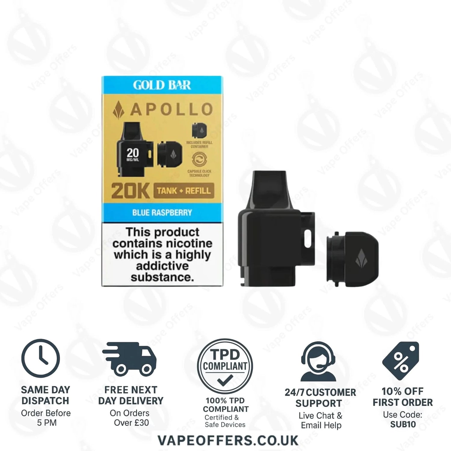 Blue Raspberry Gold Bar Apollo 20K Puffs Vape Pods 