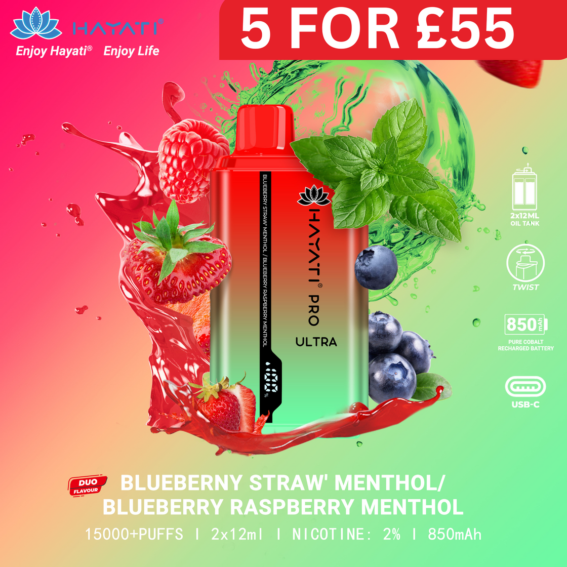 Blueberry Strawberry Menthol/ Blueberry Raspberry Menthol - Hayati Pro Ultra 15000 Puffs