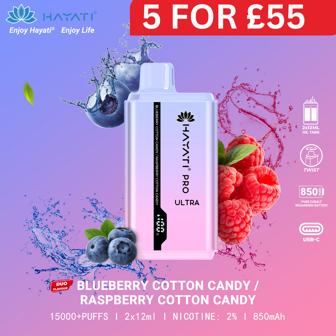 Blueberry Cotton Candy / Raspberry Cotton Candy - Hayati Pro Ultra 15000 Puffs