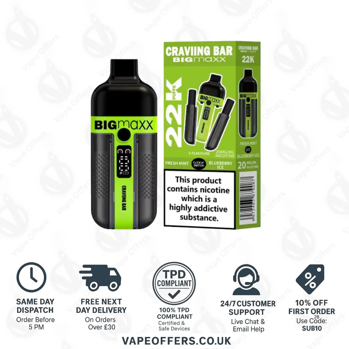 Craving Bar Big Maxx 22k Prefilled Vape kit Fresh Mint and Blueberry Ice