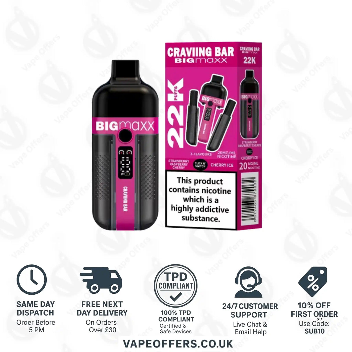 Craving Bar Big Maxx 22k Prefilled Vape kit Strawberry Raspberry Cherry and Cherry Ice