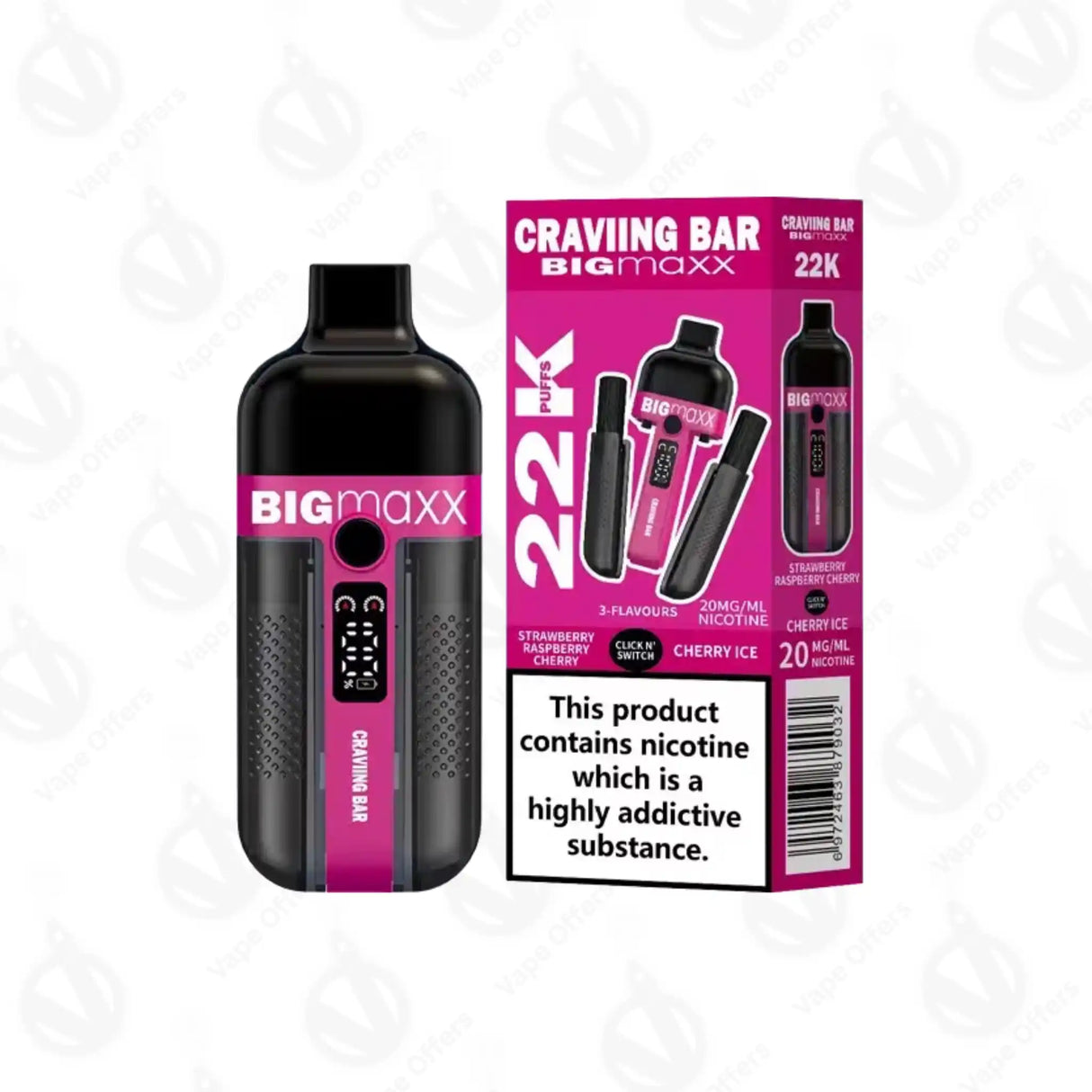 Craving Bar Big Maxx 22k Strawberry Raspberry Cherry and Cherry Ice Prefilled Vape kit