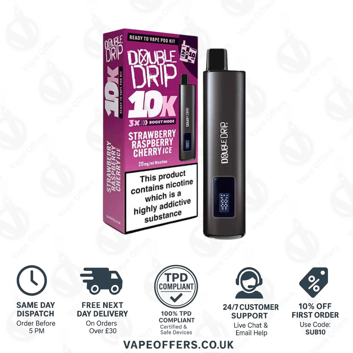 Double Drip 10K Prefilled Pod Kit Strawberry Raspberry Cherry Ice