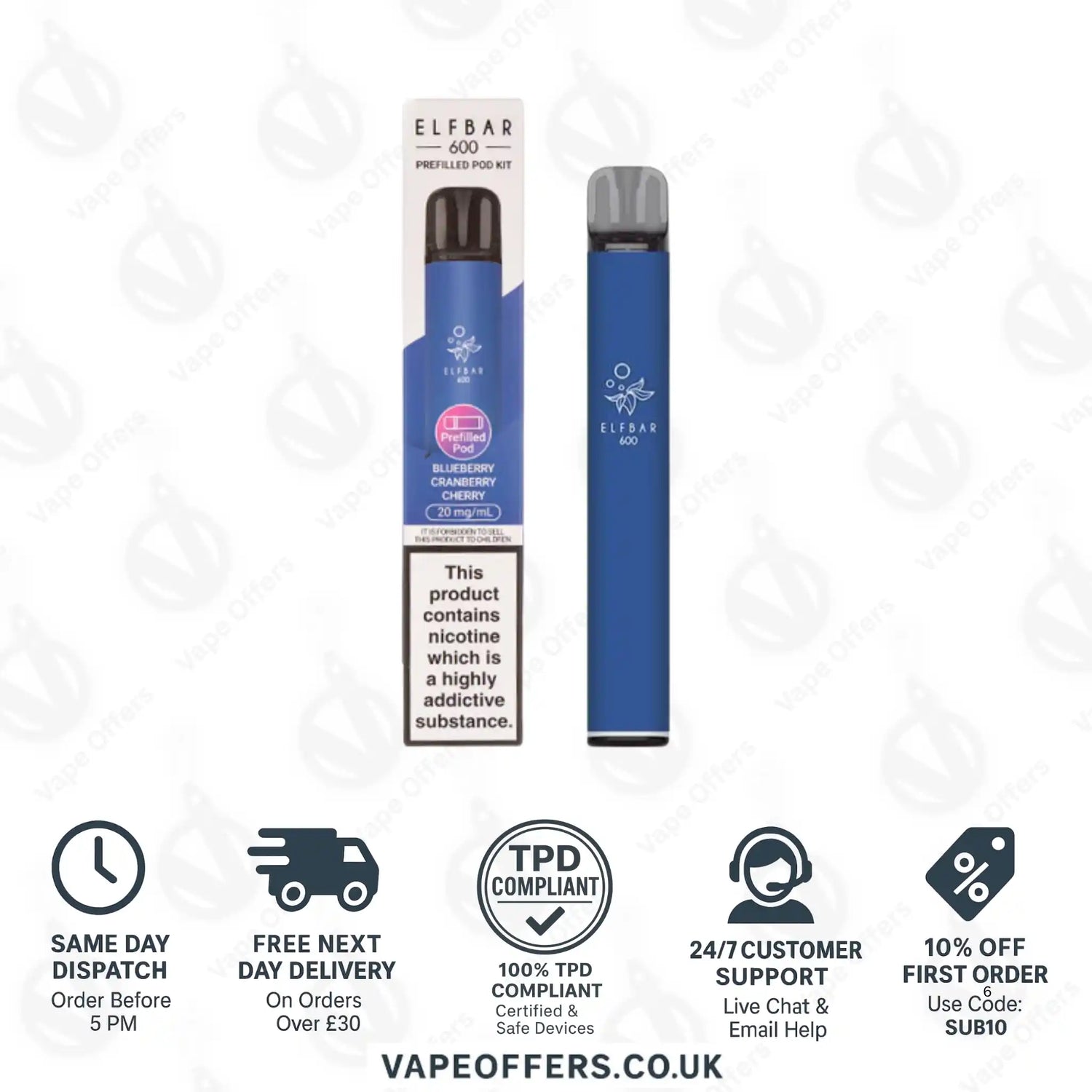 Elf Bar 600 Prefilled Pod Vape Kit Blueberry Cranberry Cherry 